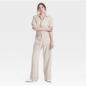 NWT Universal Thread Beige Denim Jumpsuit Utility Coverall Boho Chic Retro Size6